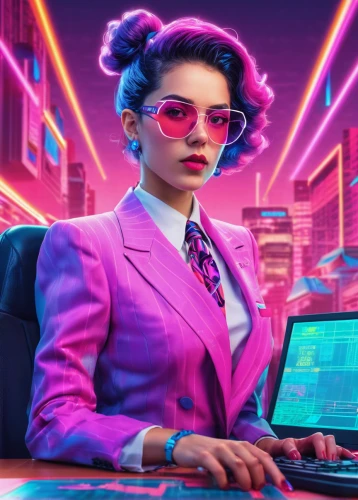girl at the computer,neon human resources,night administrator,cyberpunk,women in technology,blur office background,business girl,business woman,computer business,business women,office worker,businesswoman,administrator,retro woman,corporate,cyber glasses,secretary,business angel,ceo,computer freak,Conceptual Art,Sci-Fi,Sci-Fi 28