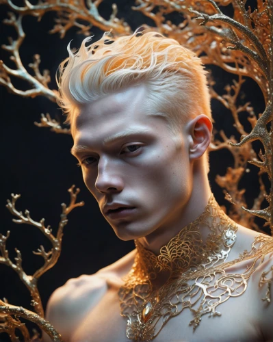 male elf,gold filigree,fantasy portrait,golden mask,gold leaf,wood elf,golden haired,golden crown,forest man,faun,golden root,autumn gold,golden autumn,gold mask,elven,foil and gold,humanoid,filigree,primitive man,albino,Photography,Artistic Photography,Artistic Photography 11