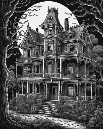 the haunted house,witch's house,haunted house,creepy house,witch house,victorian house,haunted castle,ghost castle,victorian,house in the forest,abandoned house,house drawing,haunted,halloween illustration,magic castle,victorian style,halloween poster,haunted forest,doll's house,the house,Illustration,Black and White,Black and White 14