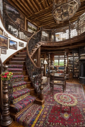 winding staircase,ornate room,staircase,great room,outside staircase,circular staircase,billiard room,victorian style,victorian,spiral staircase,interior design,wooden stairs,crib,luxury home interior,beautiful home,family room,sitting room,mansion,interior decor,china cabinet,Interior Design,Living room,Farmhouse,Andean Warmth