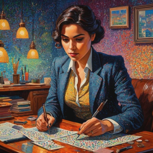 girl at the computer,librarian,secretary,girl studying,meticulous painting,jigsaw puzzle,clue and white,tutor,woman at cafe,painting technique,oil painting on canvas,woman thinking,cashier,bank teller,fortune teller,la violetta,woman sitting,night administrator,woman playing,oil painting,Conceptual Art,Daily,Daily 31