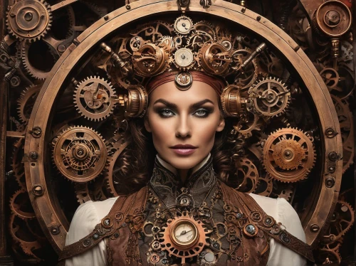 steampunk gears,steampunk,clockmaker,clockwork,watchmaker,cogs,biomechanical,switchboard operator,circuitry,queen cage,cog,mechanical puzzle,mechanical,telephone operator,cybernetics,decorative figure,girl with a wheel,antiquariat,cogwheel,priestess,Illustration,Realistic Fantasy,Realistic Fantasy 13