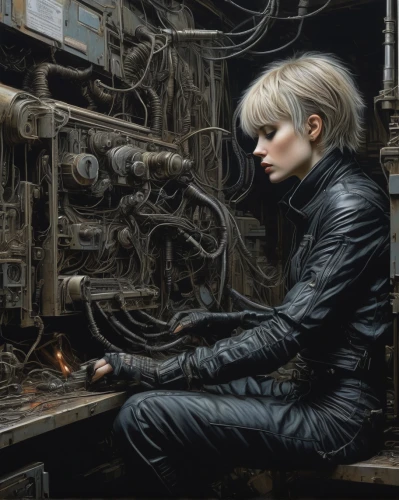 mechanic,watchmaker,cyberpunk,cybernetics,circuitry,technician,mechanical,operator,sci fiction illustration,clockmaker,girl at the computer,kojima,repairing,repairman,maintenance,soldering iron,cyber,transistor checking,car mechanic,female worker,Illustration,Black and White,Black and White 01