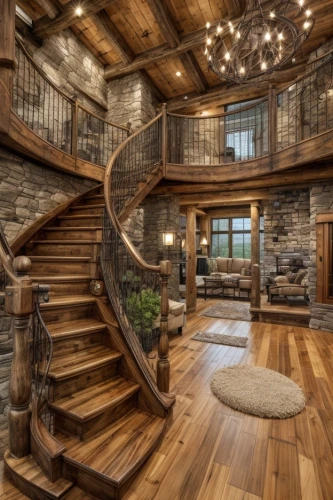 wooden stairs,wooden stair railing,log home,winding staircase,beautiful home,loft,log cabin,outside staircase,luxury home interior,wooden beams,the cabin in the mountains,stone stairs,crib,staircase,hardwood floors,circular staircase,wooden floor,spiral stairs,spiral staircase,great room,Interior Design,Living room,Farmhouse,American Rustic Retreat