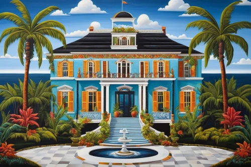 hacienda,villa,tropical house,house painting,el salvador dali,haiti,florida home,holiday villa,bungalow,house with caryatids,house of the sea,santa barbara,mansion,jamaica,nicaraguan cordoba,san juan,woman house,santiago di cuba,pool house,barbados,Illustration,Abstract Fantasy,Abstract Fantasy 12