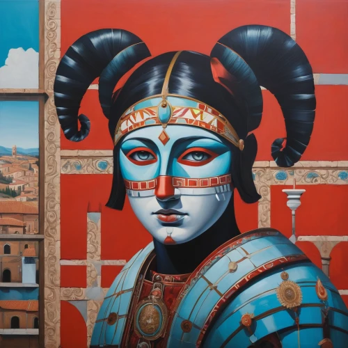 palace of knossos,taiwanese opera,venetian mask,geisha,peking opera,aztecs,geisha girl,chinese art,inca,indian art,inca face,incas,orientalism,wall painting,blue demon,cleopatra,italian painter,aztec,meticulous painting,dornodo,Illustration,Realistic Fantasy,Realistic Fantasy 24