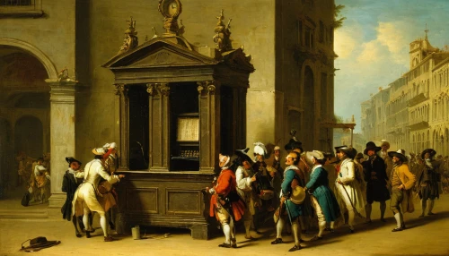 guillotine,chiffonier,armoire,street musicians,stalls,the carnival of venice,town house,courtship,the horse at the fountain,town crier,commode,christopher columbus's ashes,the consignment,the sale,drinking fountain,cash point,procession,woman at the well,fountain of the moor,street scene,Art,Classical Oil Painting,Classical Oil Painting 35