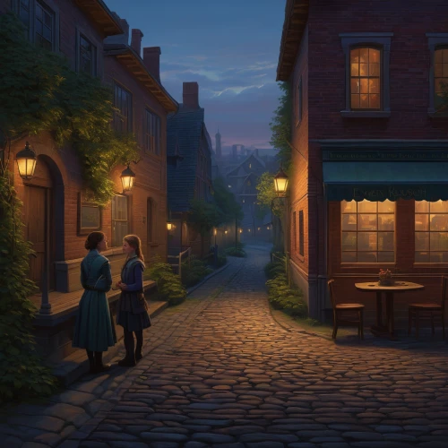 old linden alley,night scene,evening atmosphere,the cobbled streets,cobblestones,cobblestone,alleyway,romantic scene,violet evergarden,narrow street,romantic night,bremen town musicians,street scene,alley,in the evening,backgrounds,old town,lamplighter,medieval street,summer evening,Illustration,Realistic Fantasy,Realistic Fantasy 27