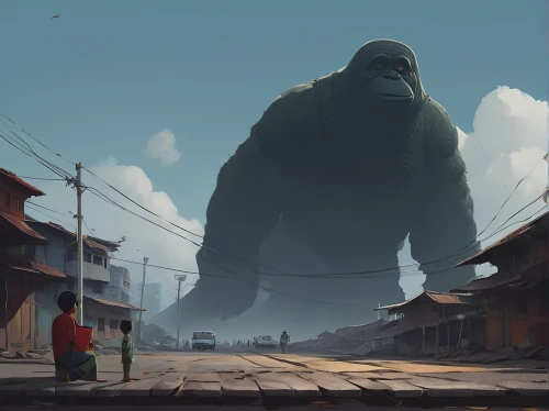 gigantic,stroll,giant,kong,pedestrian,concept art,world digital painting,walking man,sentinel,godzilla,moai,street scene,king kong,the pollution,development concept,scale,sci fiction illustration,neighborhood,neighbourhood,the street,Conceptual Art,Sci-Fi,Sci-Fi 07