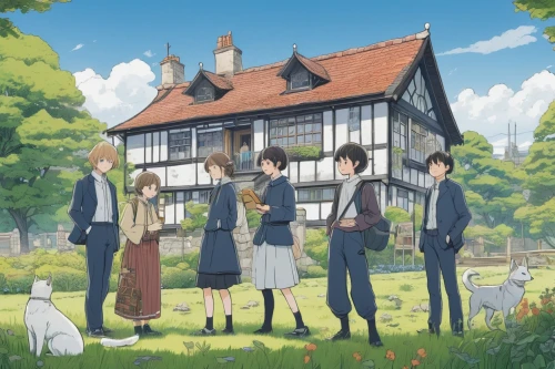 violet evergarden,studio ghibli,doll's house,kennel club,tsumugi kotobuki k-on,watching,family home,elementary,lily family,smartweed-buckwheat family,house painting,arrowroot family,world end,dandelion hall,anime japanese clothing,blu ray,housetop,cat's cafe,left house,detective conan,Illustration,Retro,Retro 23