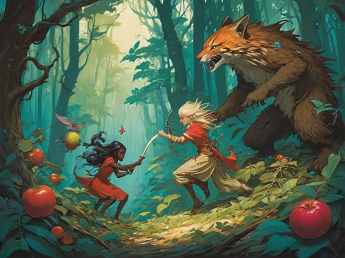 happy children playing in the forest,red riding hood,little red riding hood,game illustration,children's fairy tale,woodland animals,forest animals,fairy forest,forest walk,forest fruit,frutti di bosco,forest path,in the forest,a fairy tale,fairytale characters,pinocchio,mowgli,enchanted forest,sci fiction illustration,forest animal,Illustration,Paper based,Paper Based 17