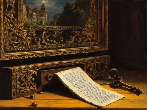 lectern,still-life,writing desk,sideboard,gavel,armoire,lyre box,easel,prayer book,sackbut,child with a book,hymn book,holbein,cabinet,nightstand,manuscript,meticulous painting,still life,wooden box,book antique,Art,Classical Oil Painting,Classical Oil Painting 09