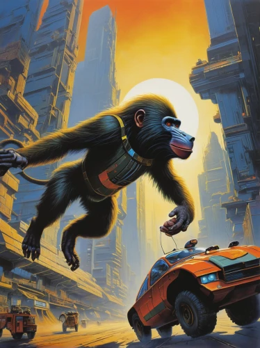 rocket raccoon,sci fiction illustration,mandrill,game illustration,kong,skull racing,monkey gang,mongoose,king kong,turbo,great apes,sun bear,color rat,honey badger,smaland hound,canis panther,baboon,chevrolet tracker,chimpanzee,running dog,Conceptual Art,Sci-Fi,Sci-Fi 08