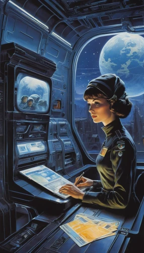 sci fiction illustration,girl at the computer,astronomer,space tourism,science fiction,ufo interior,cyberspace,girl studying,space art,space shuttle columbia,night administrator,science-fiction,orbiting,lost in space,space voyage,sci fi,women in technology,futuristic landscape,shuttle,scifi,Illustration,Retro,Retro 14