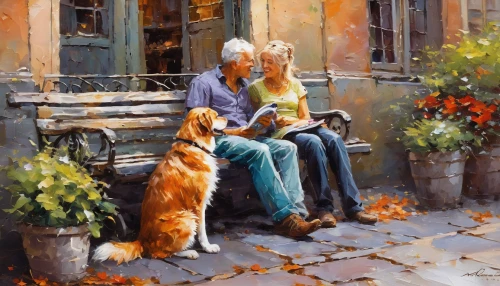 old couple,oil painting,oil painting on canvas,italian painter,boy and dog,golden retriever,girl with dog,romantic portrait,golden retriver,companionship,art painting,old age,romantic scene,companion dog,conversation,one autumn afternoon,tenderness,motif,serenade,caregiver,Conceptual Art,Oil color,Oil Color 06