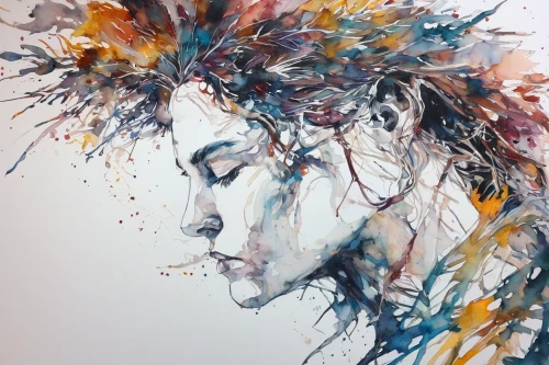 watercolor paint strokes,feather headdress,girl in a wreath,watercolor wreath,headdress,boho art,dried flower,watercolor painting,watercolor paint,watercolor women accessory,splintered,paint splatter,watercolor,painted lady,dried flowers,woman thinking,paint strokes,art painting,woman's face,watercolour,Illustration,Paper based,Paper Based 13