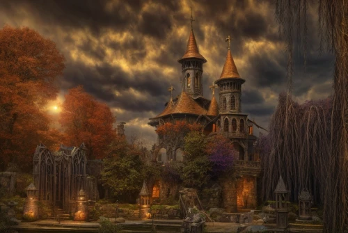 haunted cathedral,castle of the corvin,fantasy picture,fairy tale castle,halloween background,hall of the fallen,haunted castle,arcanum,fantasy landscape,gothic architecture,ghost castle,witch's house,fairytale castle,fantasy world,northrend,mortuary temple,devilwood,old graveyard,necropolis,mausoleum ruins,Game Scene Design,Game Scene Design,Magical Fantasy