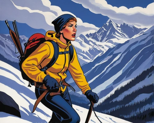 ski mountaineering,ski touring,mountain guide,mountaineer,hiking equipment,mountaineers,trekking poles,cross-country skiing,skier,ski equipment,avalanche protection,the spirit of the mountains,nordic skiing,trekking pole,mountaineering,crampons,outdoor recreation,cross-country skier,mountain rescue,mountain climber,Illustration,American Style,American Style 05