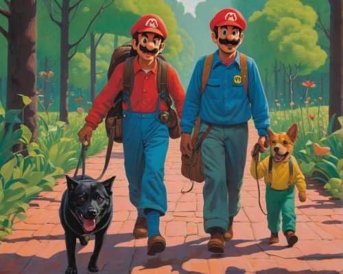 super mario brothers,forest workers,mario bros,walking dogs,hikers,dog walker,dog hiking,walk with the children,dog walking,mario,super mario,three dogs,farm pack,nes,adventure game,nintendo,father son,father-son,fathers and sons,boy and dog,Conceptual Art,Daily,Daily 29