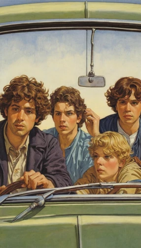 family car,ford prefect,rearview mirror,the rolling stones,vintage art,rambler,vintage children,beetles,oil on canvas,bobby-car,mahogany family,car radio,beatles,car window,rear-view mirror,nettle family,car roof,ford motor company,automobiles,passenger,Illustration,Retro,Retro 01