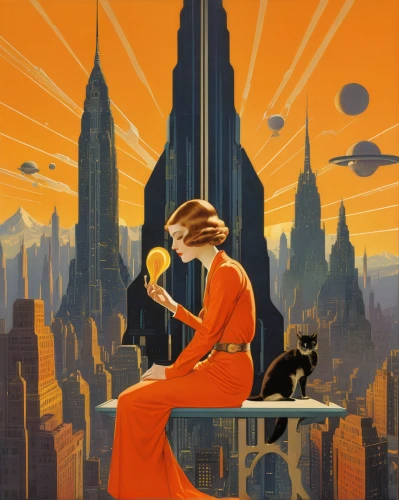 sci fiction illustration,art deco woman,transistor,travel poster,art deco,atomic age,metropolis,science fiction,sci fi,mercury transit,aperol,skycraper,sci-fi,sci - fi,science-fiction,vintage illustration,girl with dog,girl with cereal bowl,orange,mystery book cover,Illustration,Retro,Retro 15