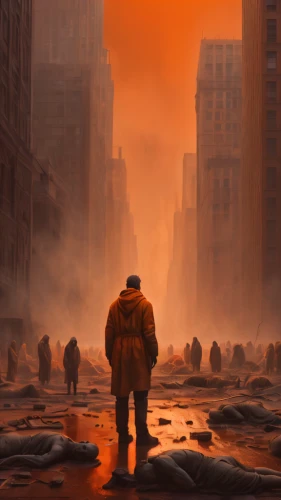 apocalyptic,dystopian,post-apocalyptic landscape,apocalypse,sci fiction illustration,post apocalyptic,post-apocalypse,city in flames,dystopia,the end of the world,rust-orange,the pollution,pedestrian,world digital painting,orange sky,end of the world,orange,scorched earth,lost in war,destroyed city,Conceptual Art,Fantasy,Fantasy 01