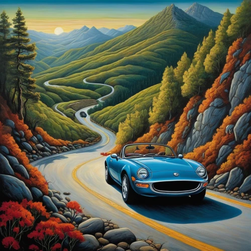 ac cobra,alpine drive,bmw z8,jaguar xk,ferrari california,jaguar e-type,porsche 718,ferrari 250,shelby cobra,jaguar xj13,jaguar c-type,maserati 6cm,porsche 550,jaguar xkss,maserati,db5,ferrari america,mountain highway,ferrari 275,alpine route,Illustration,Realistic Fantasy,Realistic Fantasy 40