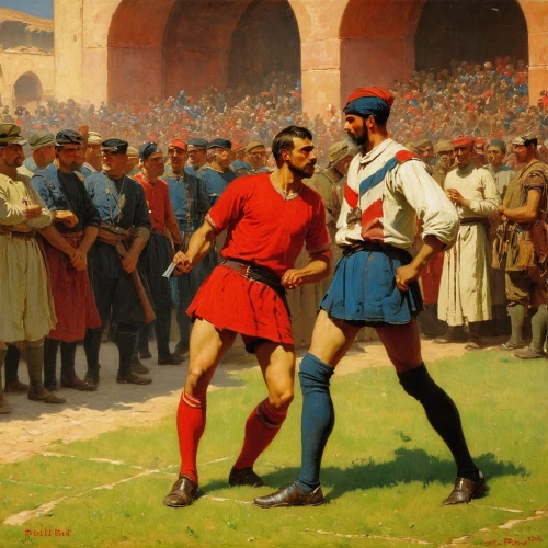 traditional sport,combat sport,greco-roman wrestling,striking combat sports,international rules football,stage combat,the referee,folk wrestling,épée,skirmish,dispute,derby,touch football (american),assault,referee,duel,hurling,clash,confrontation,historical battle,Art,Classical Oil Painting,Classical Oil Painting 42