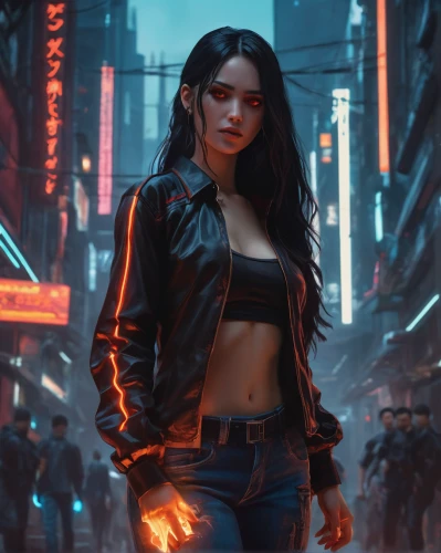 cyberpunk,renegade,terminator,cg artwork,game art,dystopian,femme fatale,sci fiction illustration,leather jacket,fire background,visual effect lighting,cyborg,futuristic,katniss,girl with a gun,girl with gun,katana,samara,cinematic,pedestrian,Photography,General,Cinematic