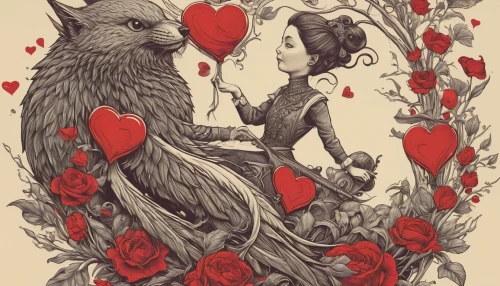 red riding hood,wolf couple,flower and bird illustration,little red riding hood,tree heart,hand-drawn illustration,two wolves,crow queen,floral heart,birds with heart,bird couple,shepherd romance,dog illustration,valentine,valentine pin up,crows,two hearts,couple boy and girl owl,birds love,heart flourish,Illustration,Black and White,Black and White 01