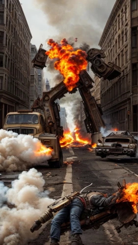 digital compositing,robot combat,photo manipulation,destroy,apocalypse,war zone,apocalyptic,war machine,photoshop manipulation,fighter destruction,post apocalyptic,war,demolition,photomanipulation,city in flames,explosion destroy,fallout4,riot,the conflagration,destroy money,Common,Common,Film