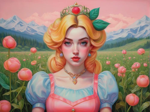 eglantine,wonderland,fantasy portrait,alice in wonderland,ann margarett-hollywood,alice,girl in flowers,queen of hearts,peach rose,peach,flora,cinderella,fairy tale character,apple blossom,girl in the garden,mystical portrait of a girl,bibernell rose,woman with ice-cream,oil painting on canvas,kahila garland-lily,Conceptual Art,Daily,Daily 15