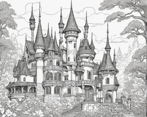 fairy tale castle,fairytale castle,disney castle,disneyland park,castle of the corvin,gothic architecture,tokyo disneyland,cinderella's castle,haunted castle,ghost castle,coloring page,castles,castle,knight's castle,shanghai disney,witch's house,castel,magic castle,coloring pages,water castle,Illustration,Black and White,Black and White 19