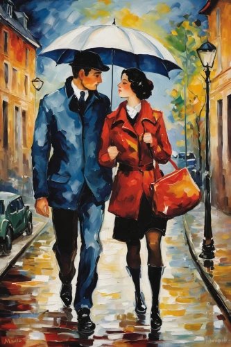oil painting on canvas,man with umbrella,walking in the rain,art painting,young couple,oil painting,romantic scene,umbrellas,as a couple,vintage boy and girl,vintage man and woman,italian painter,two people,romantic portrait,brolly,man and wife,in the rain,love couple,man and woman,raincoat,Art,Artistic Painting,Artistic Painting 37