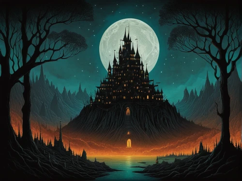 witch's house,witch house,castle of the corvin,haunted castle,ghost castle,halloween illustration,halloween poster,halloween background,the haunted house,house silhouette,fairy chimney,halloween and horror,gold castle,fairy tale castle,fantasy picture,knight's castle,castel,halloween scene,halloween wallpaper,haunted house,Illustration,Abstract Fantasy,Abstract Fantasy 19