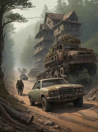 post apocalyptic,post-apocalyptic landscape,station wagon-station wagon,rust truck,log home,jeep wagoneer,logging truck,abandoned car,post-apocalypse,wasteland,fallout4,road forgotten,old abandoned car,abandoned international truck,ford truck,open hunting car,abandoned old international truck,game illustration,mobile home,farmstead,Illustration,Realistic Fantasy,Realistic Fantasy 44