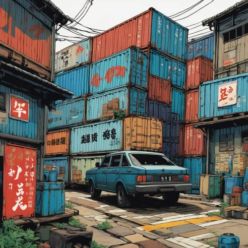 cargo containers,containers,cargo port,stacked containers,container,shipping containers,shipping container,ship yard,container port,container transport,container carrier,osaka port,container terminal,container cranes,inland port,container freighter,closed container,chemical container,factory ship,cargo,Illustration,Japanese style,Japanese Style 14