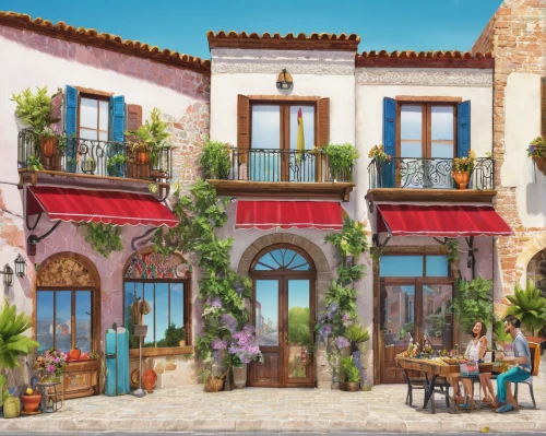 mediterranean cuisine,sicilian cuisine,provencal life,provence,watercolor cafe,mediterranean,houses clipart,taormina,a restaurant,italian painter,townhouses,facade painting,mediterranean food,awnings,spanish tile,exterior decoration,wine tavern,colored pencil background,peloponnese,sicily window,Illustration,Paper based,Paper Based 14