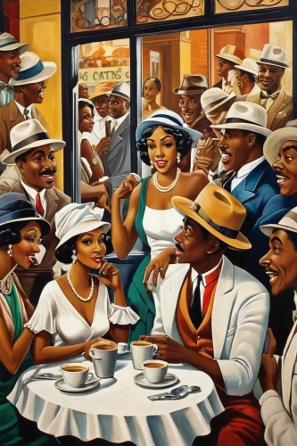 the coffee shop,cuban food,vintage art,women at cafe,yolanda's-magnolia,new york restaurant,old havana,soda fountain,cubans,woman at cafe,oil painting on canvas,paris cafe,soup kitchen,soda shop,juneteenth,coffeehouse,bistrot,african american woman,panama hat,blues and jazz singer,Illustration,Realistic Fantasy,Realistic Fantasy 21
