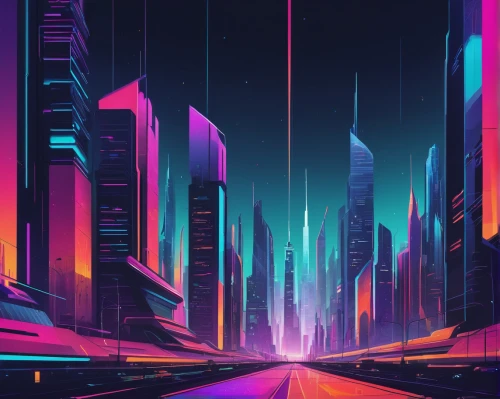 neon arrows,futuristic landscape,colorful city,cityscape,city highway,80's design,night highway,city lights,abstract retro,retro background,highway lights,metropolis,highway,neon lights,vast,neon,fantasy city,city blocks,the road,wires,Photography,Documentary Photography,Documentary Photography 23