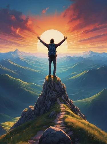 the spirit of the mountains,world digital painting,raise,mountain sunrise,mountain top,landscape background,embrace the world,summit,be mountain,freedom,freedom from the heart,background image,mountain,mountain spirit,wall,praise,arms outstretched,towards the top of man,self-determination,mountain peak,Conceptual Art,Daily,Daily 07