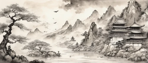 chinese art,oriental painting,yi sun sin,huashan,wuyi,japanese art,chinese background,yunnan,fantasy landscape,chinese architecture,chinese temple,mountain scene,mountainous landscape,chinese clouds,forbidden palace,japan landscape,landscape background,xing yi quan,guilin,mountain landscape,Illustration,Paper based,Paper Based 30