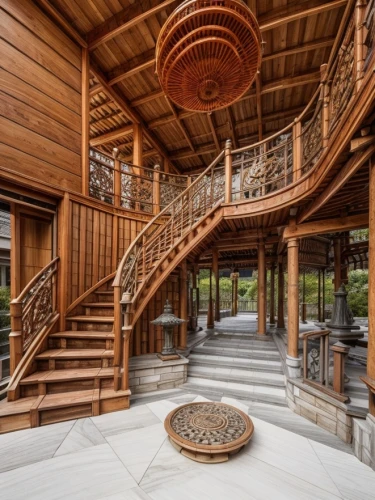 winding staircase,circular staircase,wooden stair railing,outside staircase,wooden stairs,spiral staircase,staircase,luxury home interior,luxury property,patterned wood decoration,spiral stairs,wood deck,crib,mansion,luxury real estate,luxury home,wood floor,wooden floor,beautiful home,hardwood floors,Architecture,Industrial Building,Japanese Traditional,Traditional Japanese