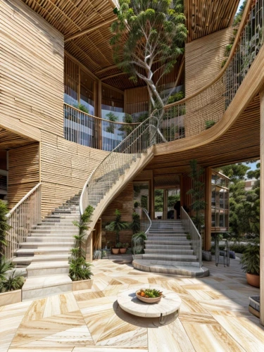 wooden stairs,circular staircase,winding staircase,timber house,wood deck,wooden stair railing,spiral staircase,eco hotel,outside staircase,dunes house,laminated wood,patterned wood decoration,tree house hotel,wooden decking,eco-construction,wooden construction,spiral stairs,wooden house,archidaily,tree house,Architecture,Large Public Buildings,Modern,Modern Egyptian