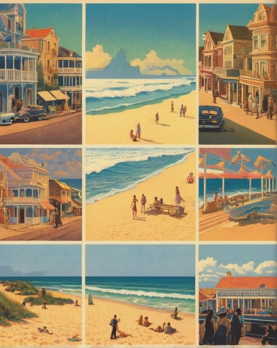 beach huts,seaside resort,provincetown,deckchairs,seaside country,beach chairs,beach landscape,beaches,marthas vineyard,broadway at beach,martha's vineyard,beach scenery,seaside,beach hut,muizenberg,maroubra,bondi beach,beach house,strand,bondi,Illustration,Retro,Retro 01