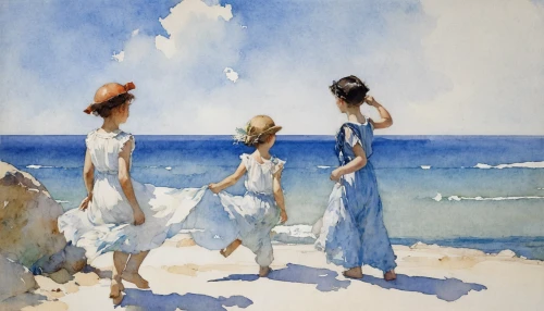 watercolor blue,watercolor women accessory,watercolor painting,watercolor,watercolour,watercolor paint,young women,carol colman,the three graces,women silhouettes,water color,summer day,watercolors,blue painting,shades of blue,summer beach umbrellas,water colors,sun hats,carol m highsmith,blue waters,Illustration,Paper based,Paper Based 23