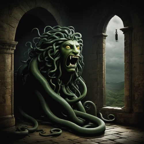 gorgon,medusa gorgon,medusa,rod of asclepius,green dragon,asclepius,game illustration,serpent,poseidon god face,basilisk,daemon,stone lion,fantasy art,sci fiction illustration,ghost castle,three eyed monster,fantasy picture,supernatural creature,green snake,world digital painting,Illustration,Abstract Fantasy,Abstract Fantasy 22