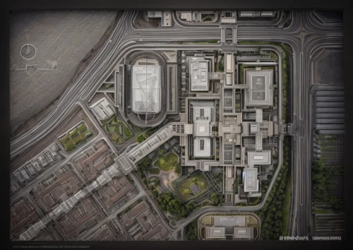 hospital landing pad,transport hub,district 9,industrial area,multi storey car park,helipad,hudson yards,urban development,underground car park,office buildings,car park,industrial plant,cargo port,circuitry,satellite imagery,solar cell base,city blocks,bird's-eye view,industrial landscape,construction area,Architecture,Urban Planning,Aerial View,Urban Design