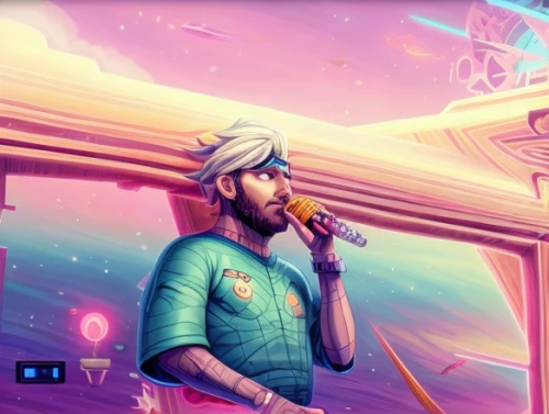 cg artwork,sci fiction illustration,game illustration,star-lord peter jason quill,game art,background image,retro diner,neon coffee,astral traveler,high-wire artist,cyberpunk,art background,80s,capital cities,world digital painting,ramadan background,traveller,digital nomads,time traveler,euclid,Calligraphy,Illustration,Psychedelic Illustrations