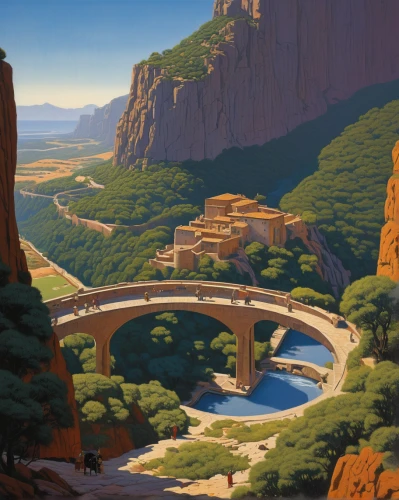 canyon,travel poster,meteora,angel's landing,futuristic landscape,scenic bridge,yellow mountains,tied-arch bridge,mountainous landscape,valley,zion,arch bridge,glen canyon,stone arch,mountain landscape,mountain valley,devil's bridge,the valley of the,mountain scene,dragon bridge,Conceptual Art,Sci-Fi,Sci-Fi 15